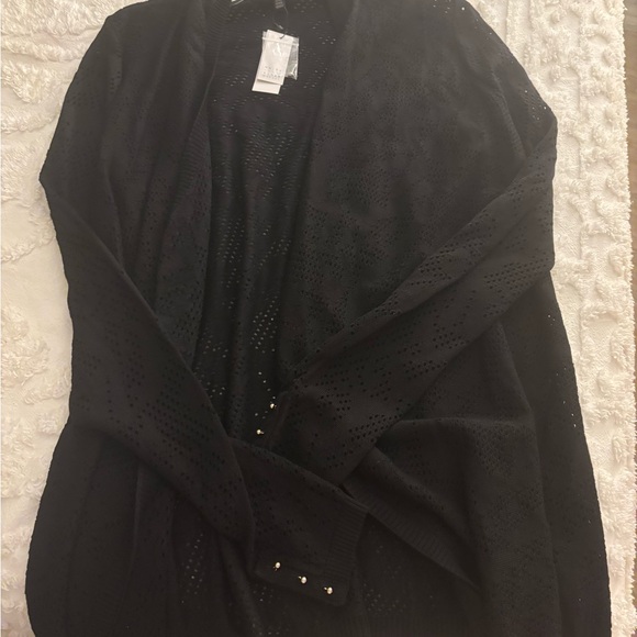 White House Black Market Black Shrug with V-Neck and Mesh Sleeves - Picture 2 of 5